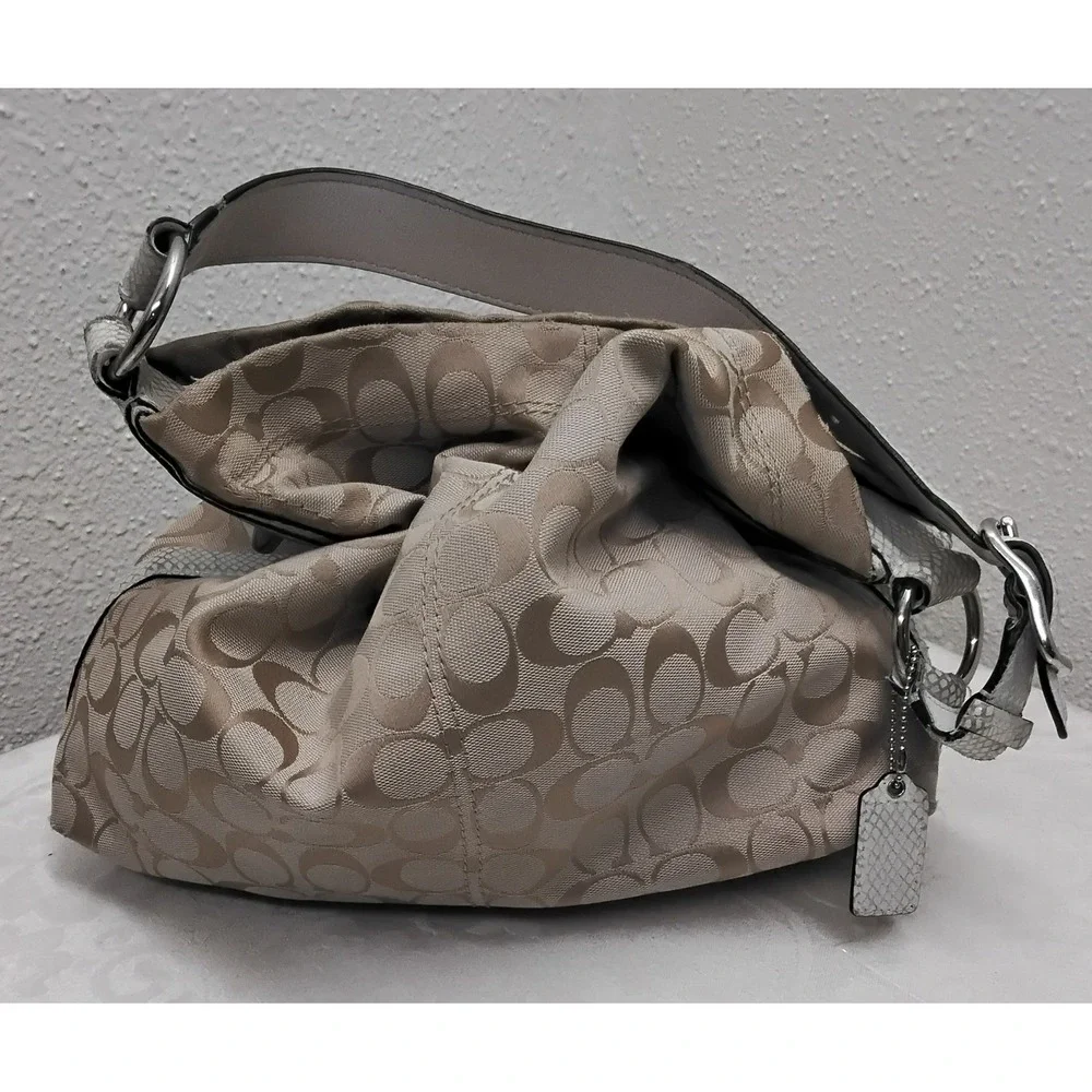 Coach F16538 Signature Jacquard Hobo Shoulder Bag White Leather Trim
